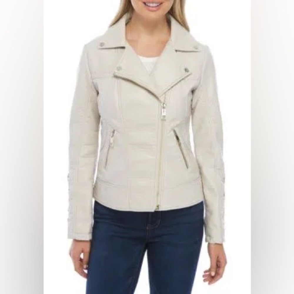 Womens Guess Los Angeles Faux Leather Asymmetrical Beige Jacket Size XS